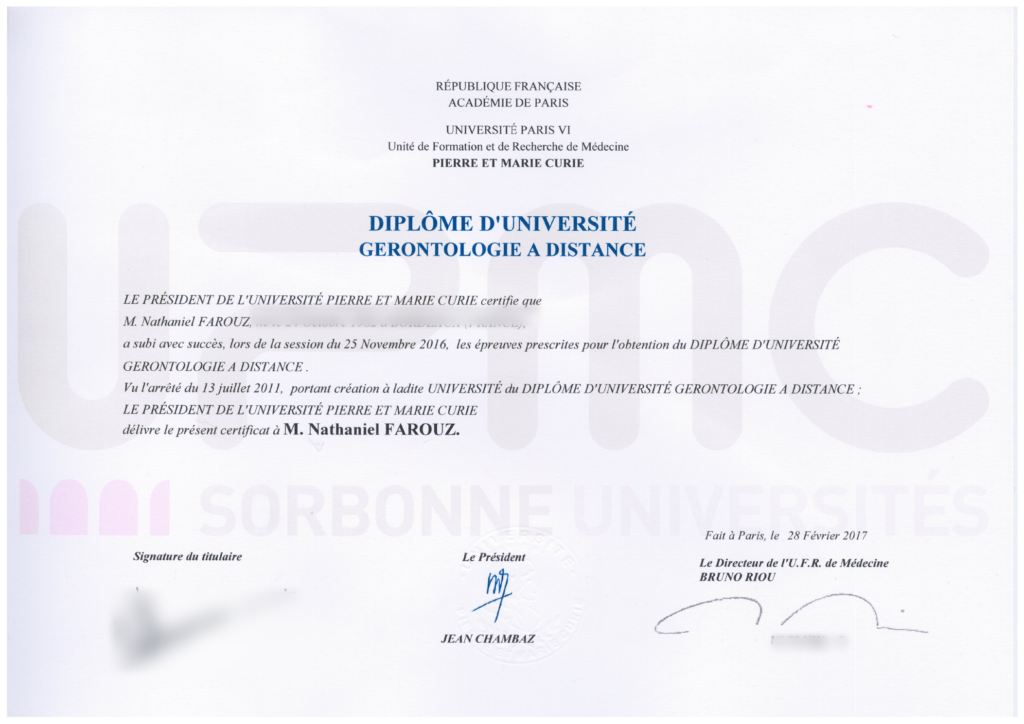 Full University Diploma in Gerontology awarded to Nathaniel Farouz by Université Pierre et Marie Curie; confidential details blurred