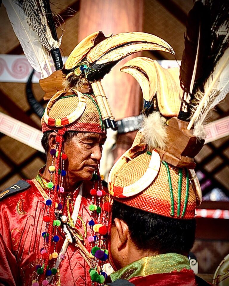 Jingpo tribal chiefs, with their ceremonial headgear made of boar tusks, hornbill heads (carved in wood) and…, image 1