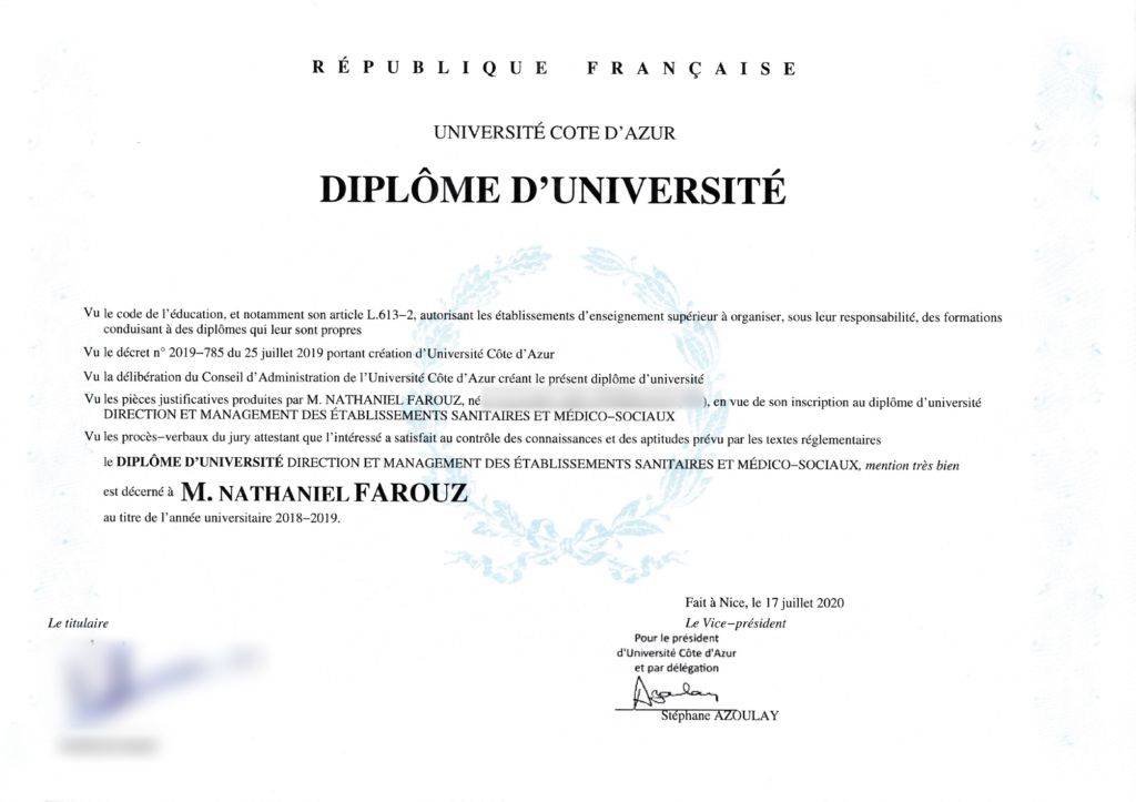 Full Université Côte d’Azur diploma in health and social care management awarded to Nathaniel Farouz; confidential details blurred