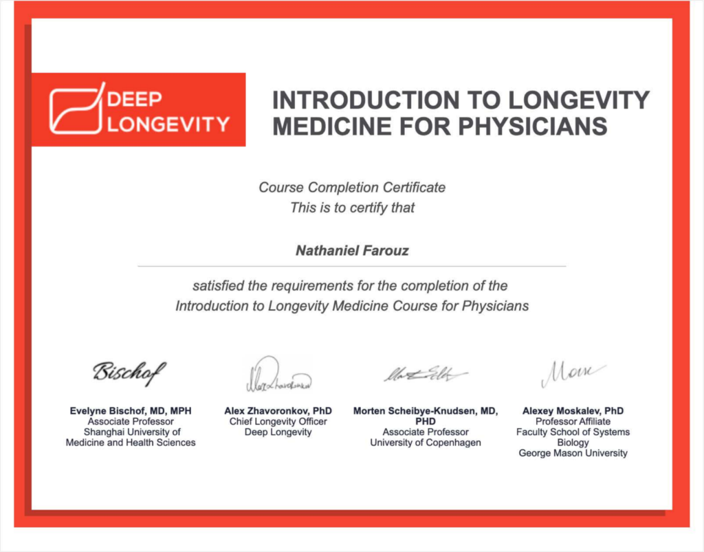 Deep Longevity course completion certificate awarded to Nathaniel Farouz for Introduction to Longevity Medicine for Physicians