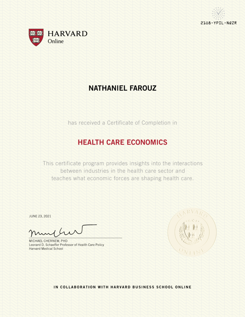 Harvard Online certificate awarded to Nathaniel Farouz for Health Care Economics in 2021