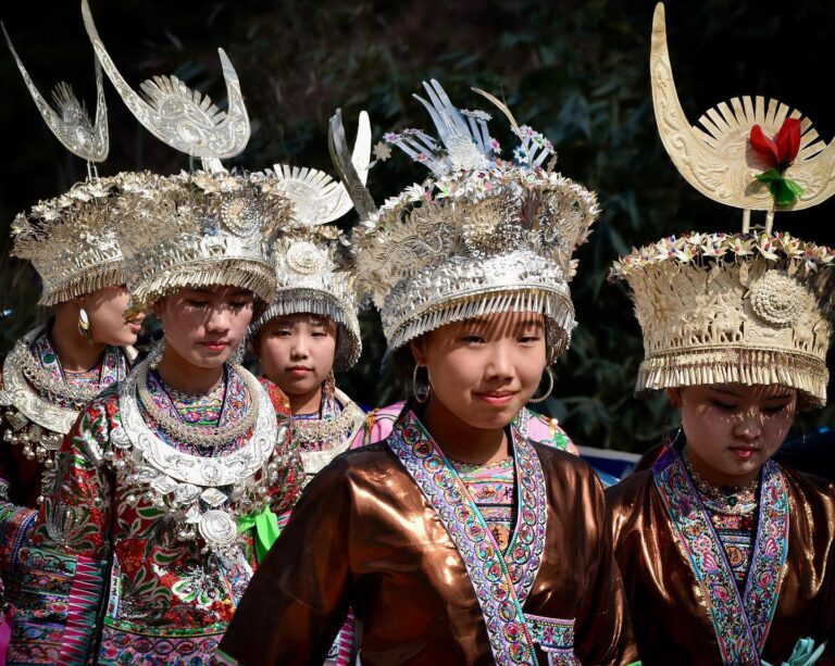 Miao girls attending the yearly celebration of the Lusheng Festival