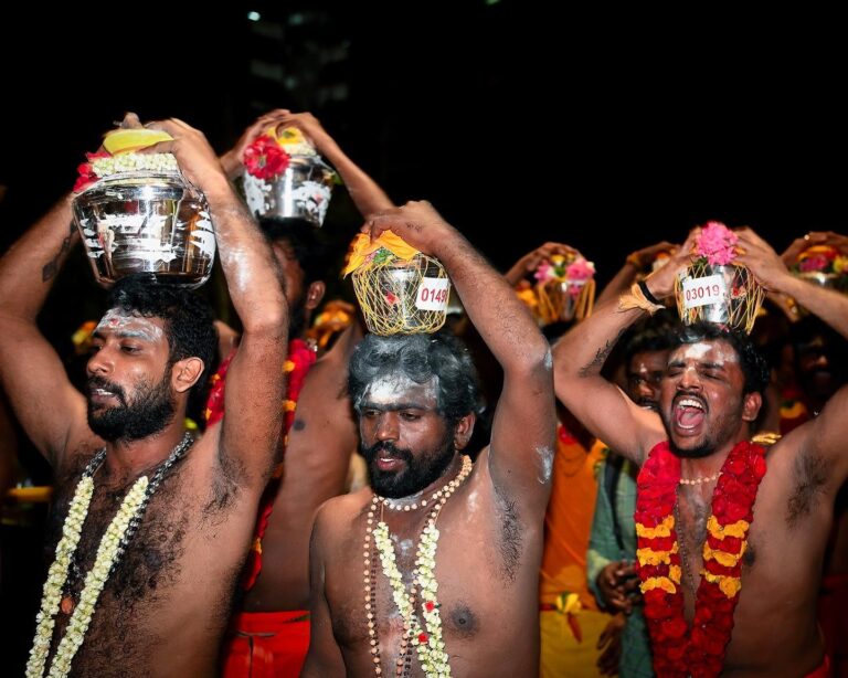 Devotees celebrating the night of Thaipusam in Singapore, image 1
