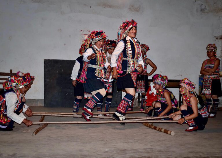 The bamboo-jump dance by women from the Akha “flat-headed” tribe, close to Menglian, in Yunnan, bordering…, image 1