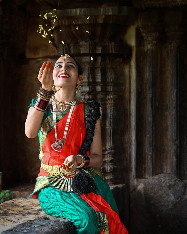 Chandrika, a Bharatanatyam dancer and yoga teacher, in an abandoned temple on the outskirts of Mysore