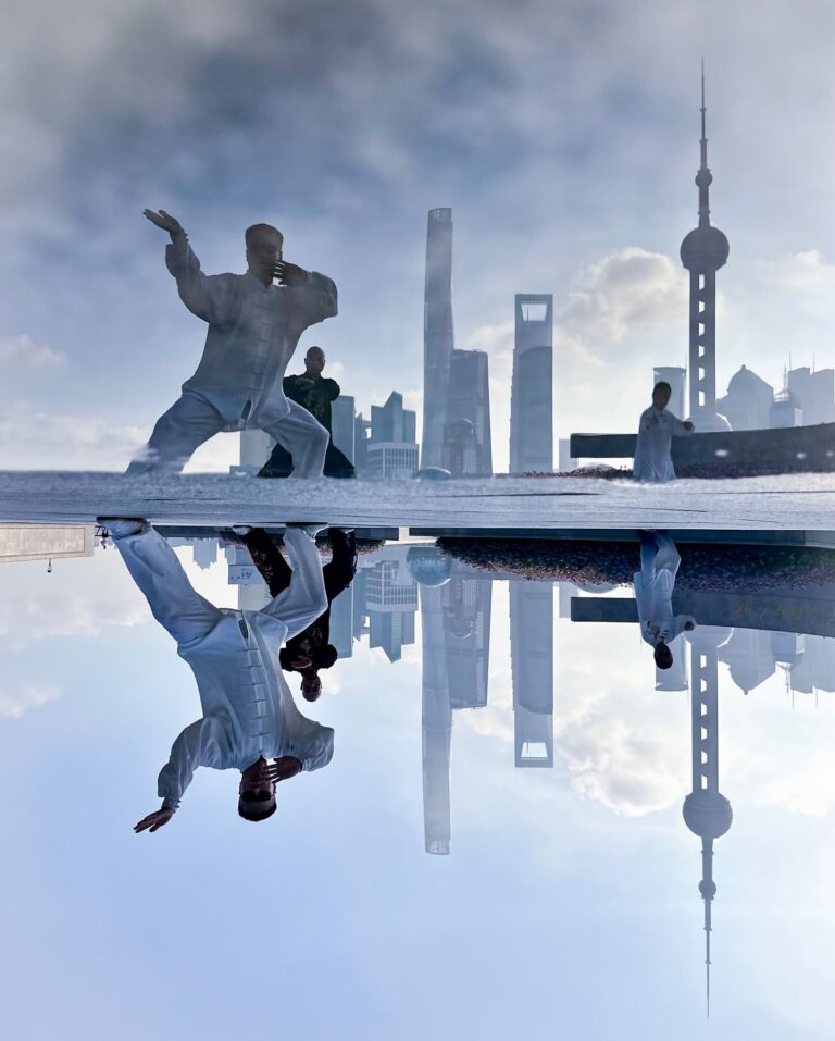 Taichi on the clouds, against the iconic Pudong Business District skyline, image 1