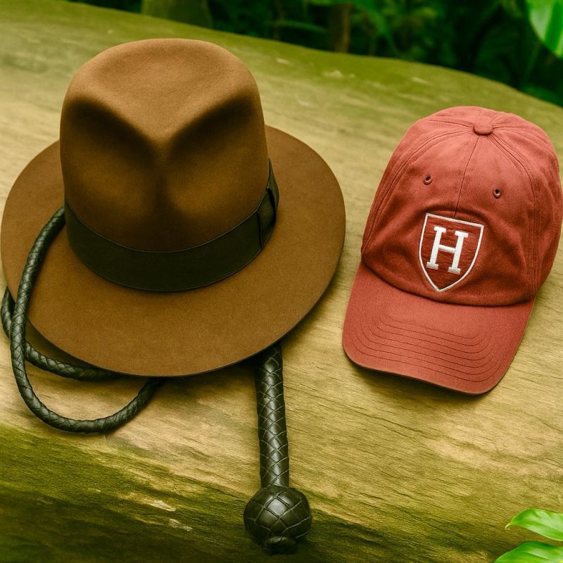 A brown fedora and whip beside a Harvard cap on a wooden table