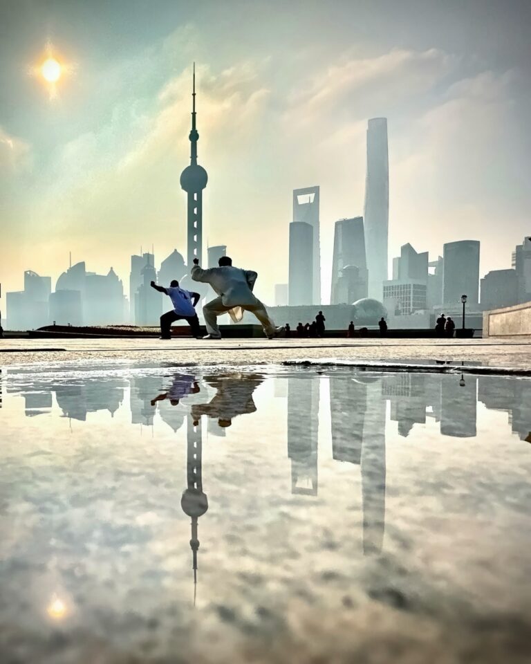 Morning Taichi on the Bund, with the Pudong skyline as its backdrop